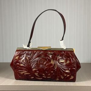 Patricia Nash Leather Clutch Cut Out Tooling Frame British Tan Floral Bag Boho